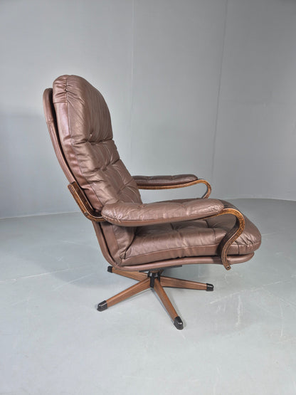 Vintage Danish Leather Swivel Based Lounge Chair 80s Retro Mid Century EB13086