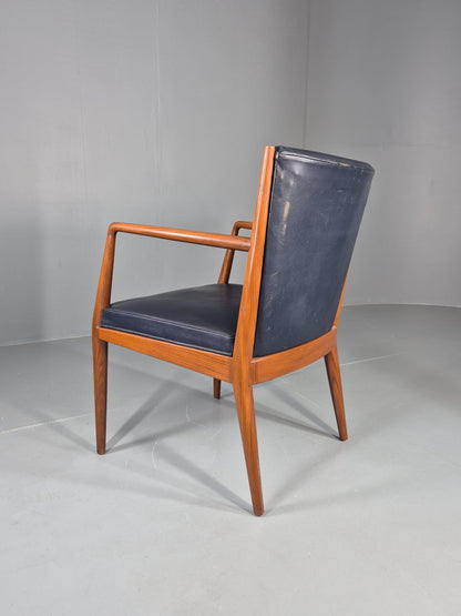 Vintage Mid Century Teak Armchair Blue Leather 1960s Retro  EB11900