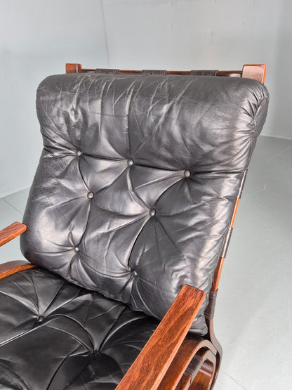 Vintage Mid Century Lounge Chair Black leather Skyline Model 1970s Retro EB12126