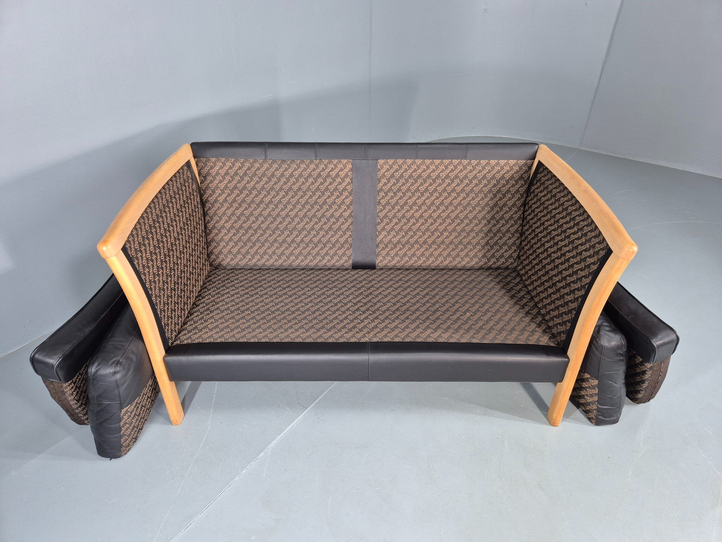 Vintage Stouby 2 Seater Sofa Beech Ends Black Leather 1990s Retro EB12421