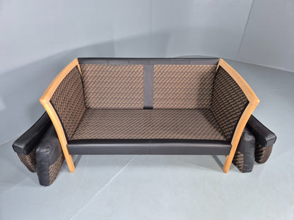 Vintage Stouby 2 Seater Sofa Beech Ends Black Leather 1990s Retro EB12421