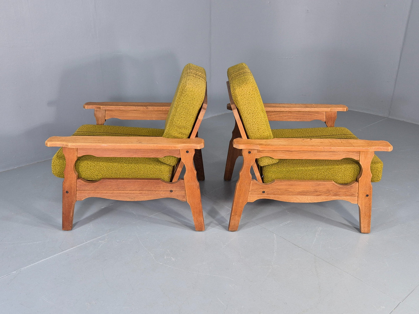 2 Vintage Lounge Chairs 1970s Danish Kjaernulf Oak Frames Green Cushions EB12780