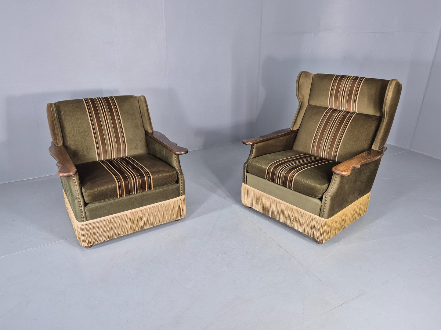 2 Vintage Danish 1970s Lounge Chairs Oak Kjaernulf Arms Green Stripe EB12686