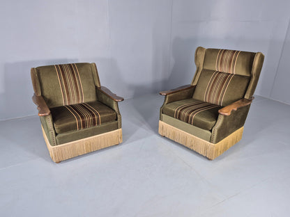 2 Vintage Danish 1970s Lounge Chairs Oak Kjaernulf Arms Green Stripe EB12686