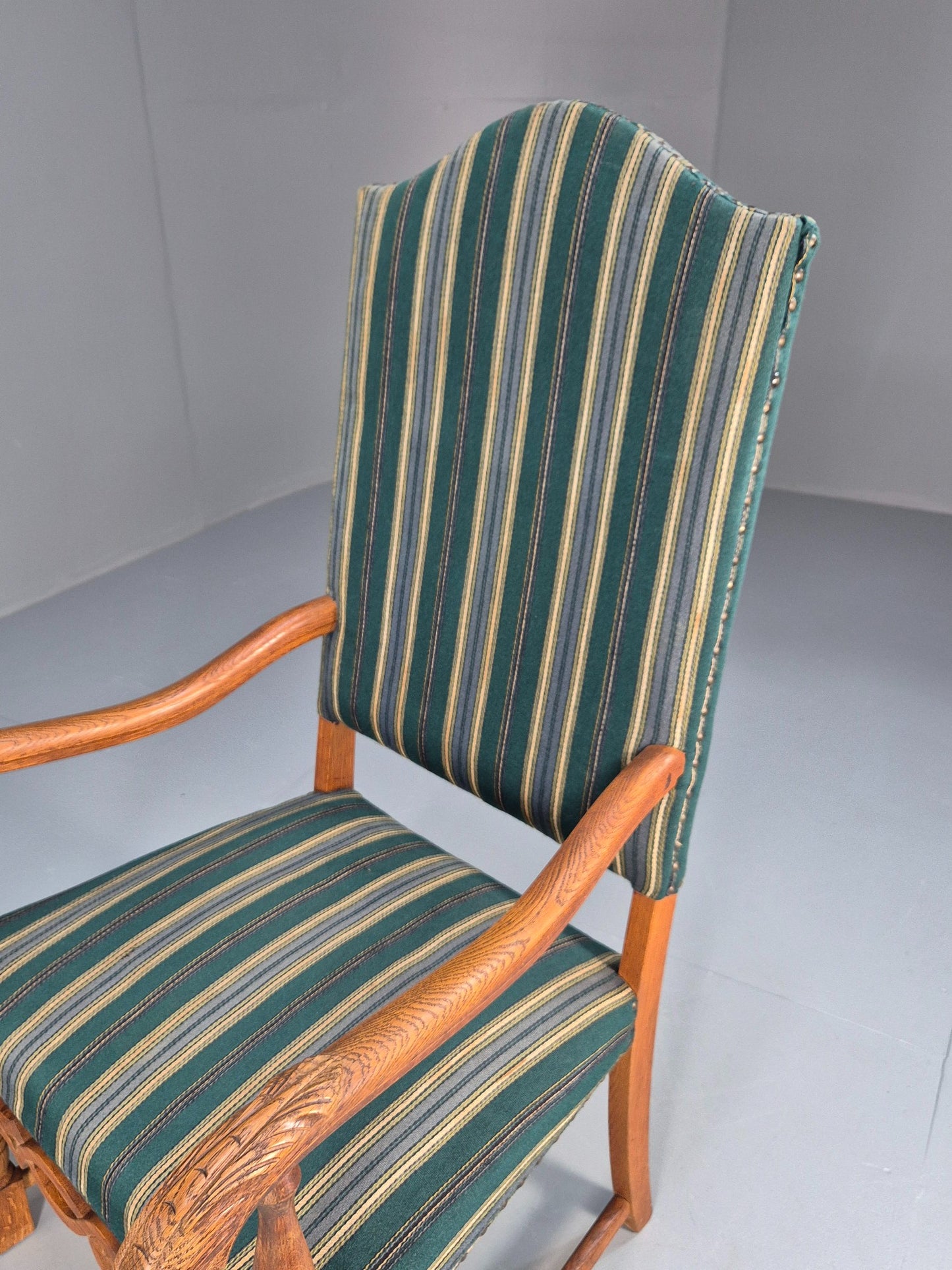 Baroque Style Throne Armchair Oak Frame Wool Stripe Upholstery EB08988