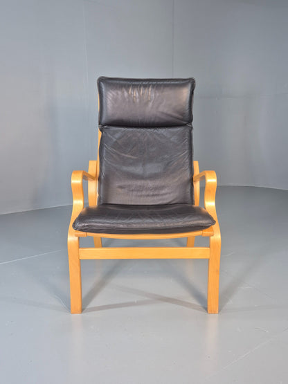 Vintage Danish Lounge Chair Leather and Bentwood 1980s Retro MCM EB13079