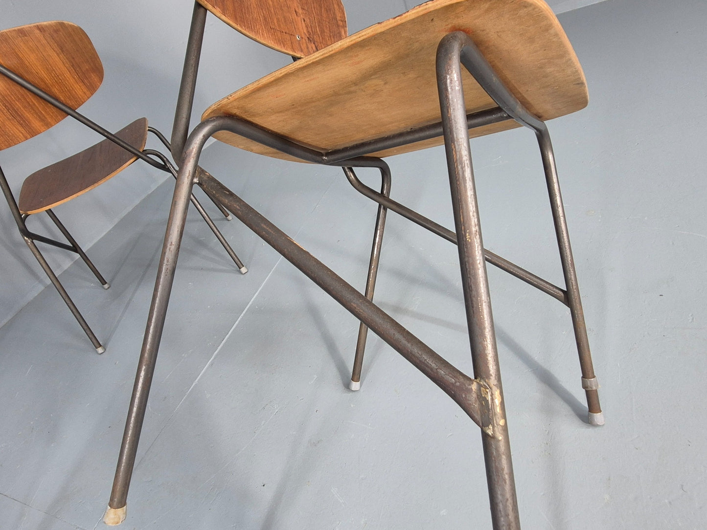 6 Vintage Danish Stacking Chair Industrial Steel and Teak Ply Retro MCM  EB12475