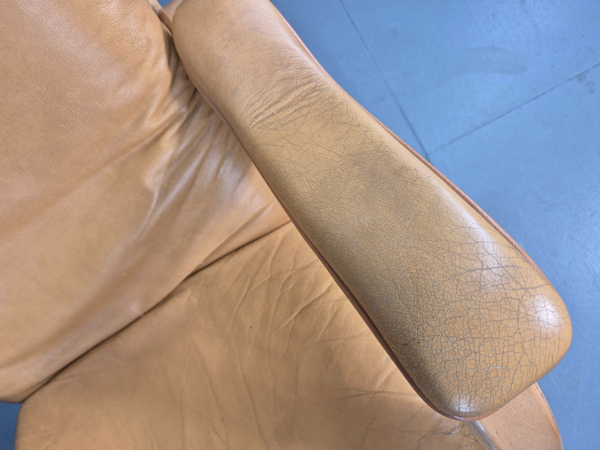 2 Vintage Tan Leather Lounge Chairs 1980s Danish Swivel Bentwood Bases EB13081