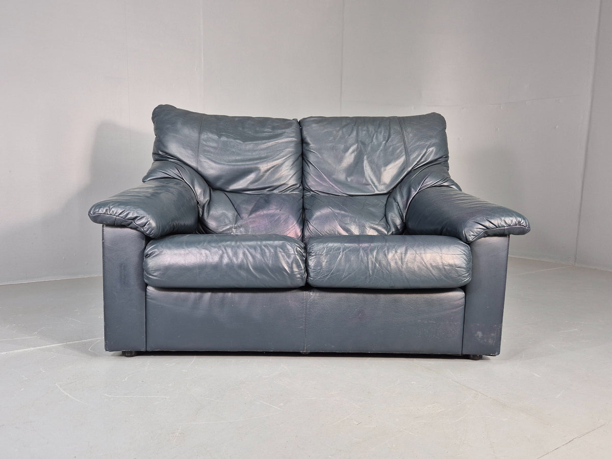Vintage 2 Seater Leather Settee 1980s Style Dark Green Retro EB12784