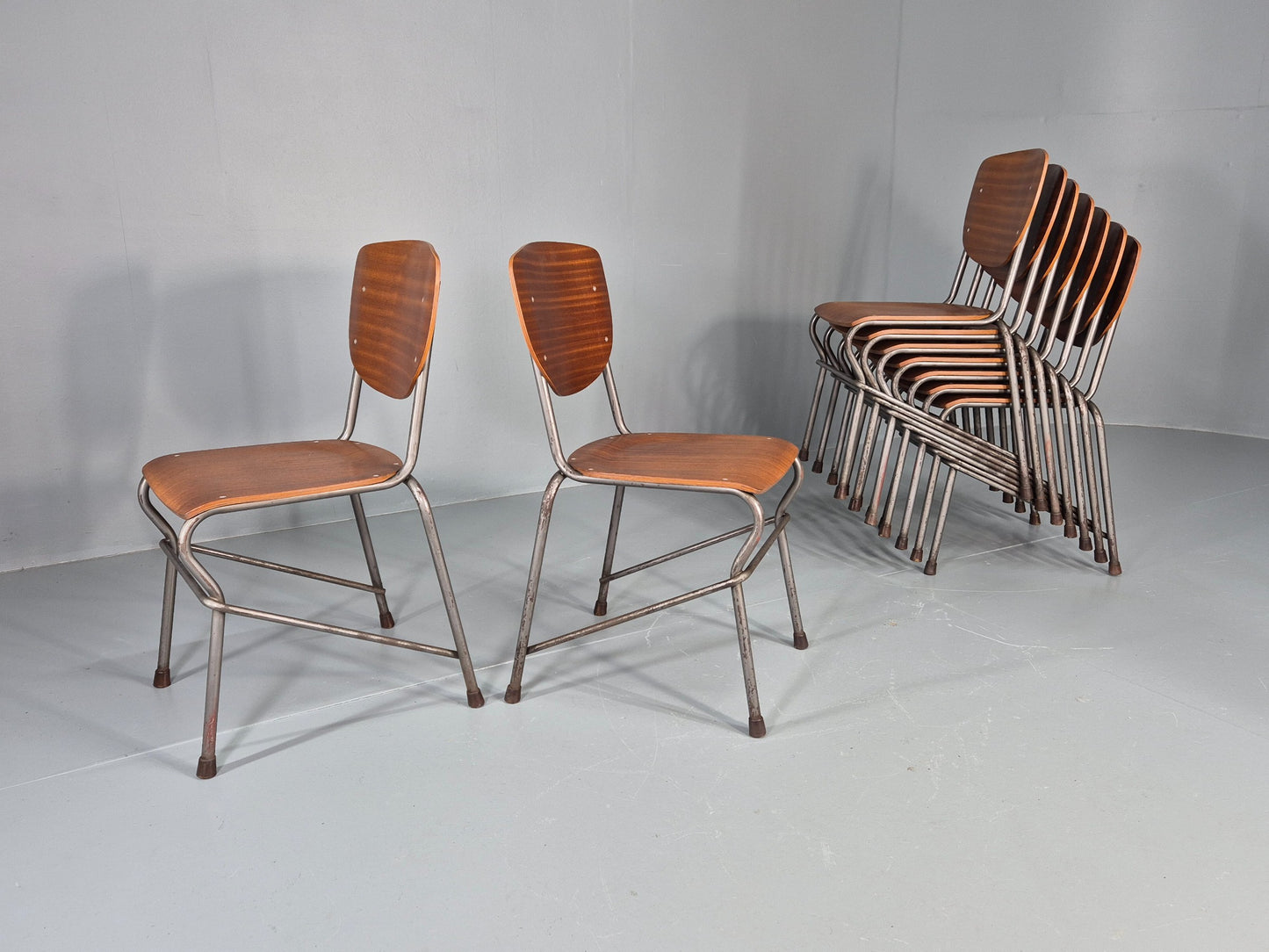9 Vintage Danish Stacking Industrial Chairs Teak and Steel 1960s Retro EB12403