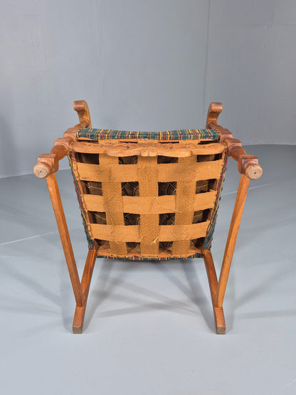 Vintage Danish Baroque Style Arm Chair Oak and Striped Wool 1960s  EB12460