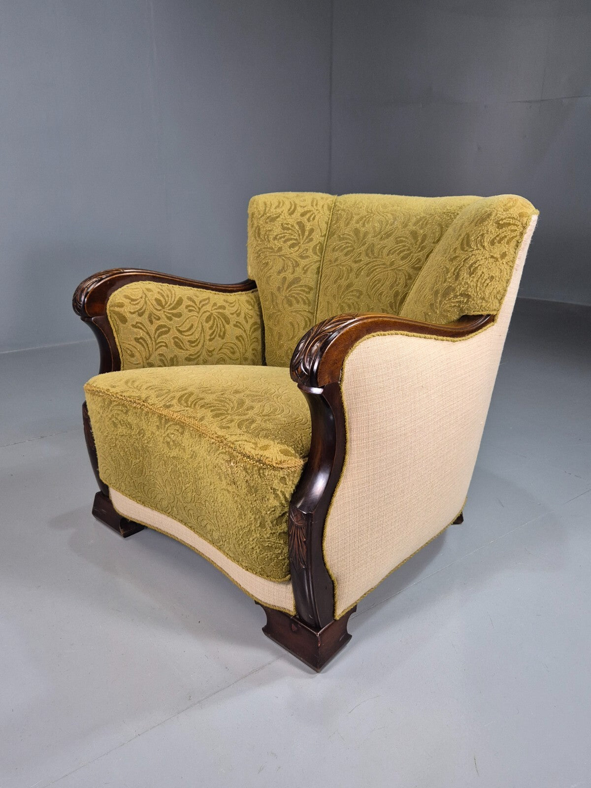 Vintage Danish Lounge Chair Green and Cream Art Deco Antique 1930s EB7575 VCLO