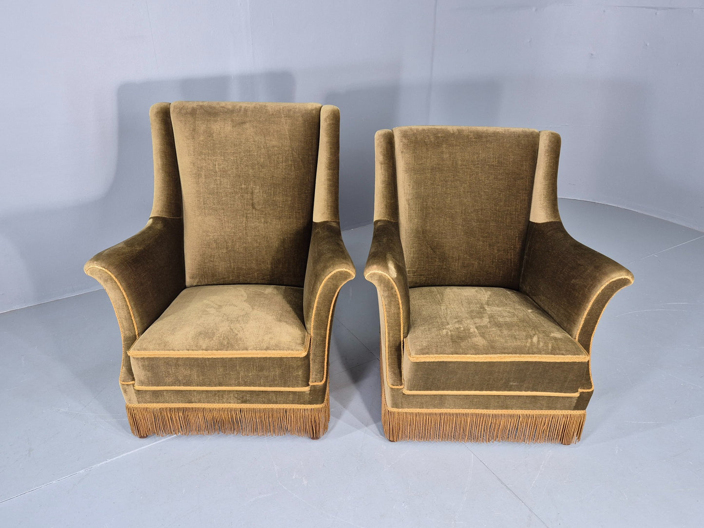 2 Midcentury Danish Lounge Chairs Green Velour Velvet Tassels 1960s EB12646
