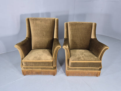 2 Midcentury Danish Lounge Chairs Green Velour Velvet Tassels 1960s EB12646