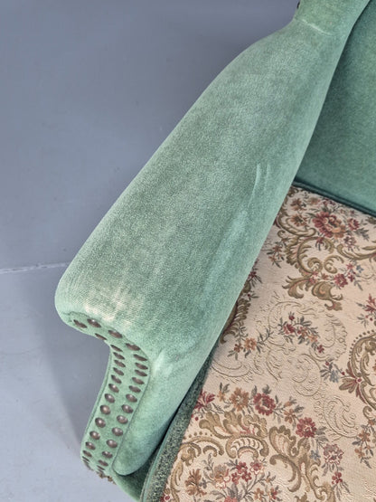 Vintage Danish Wingback Lounge Chair Green and Cream Floral Tassels EB9610 VCLO