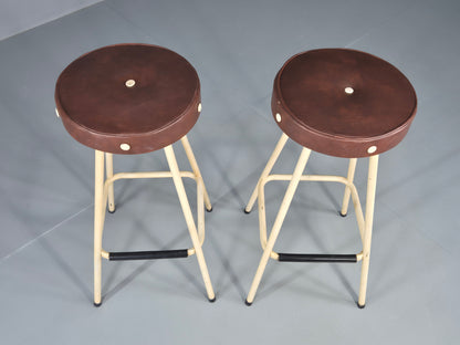 2 Vintage Bar Stools Cream metal frames with Vinyl Seats 1950s Retro EB12529