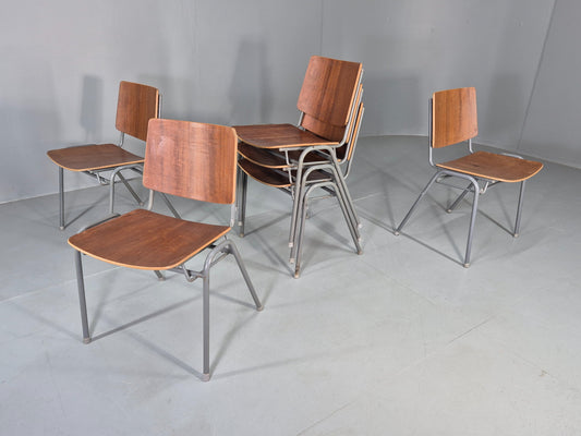 6 Vintage Danish Industrial Chairs Mid Century Teak and Steel Retro EB12666
