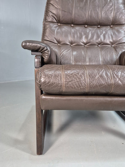 Vintage Mid Century Danish Leather Lounge Chair Stitched Detail Retro 70s EB8239