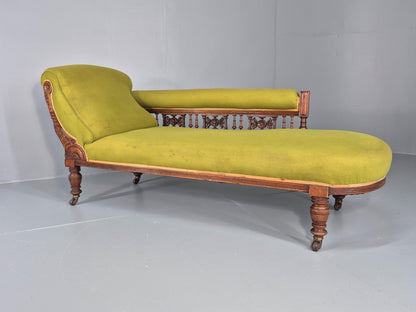 Edwardian Antique Chaise Lounge Green Velvet Velour Oak Frame  EB12458