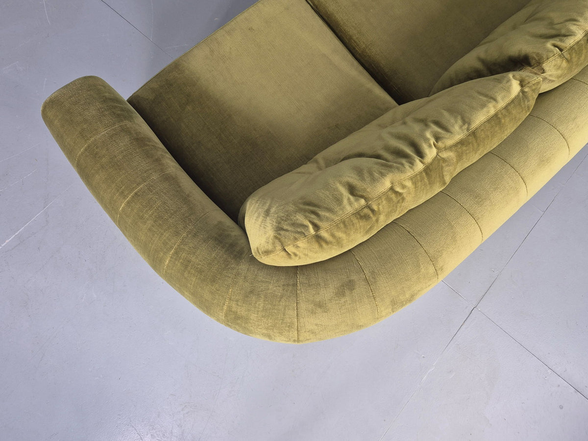 Vintage 3 Seater Sofa 1970s Danish Roll top back Green Velour MCM Retro EB12722