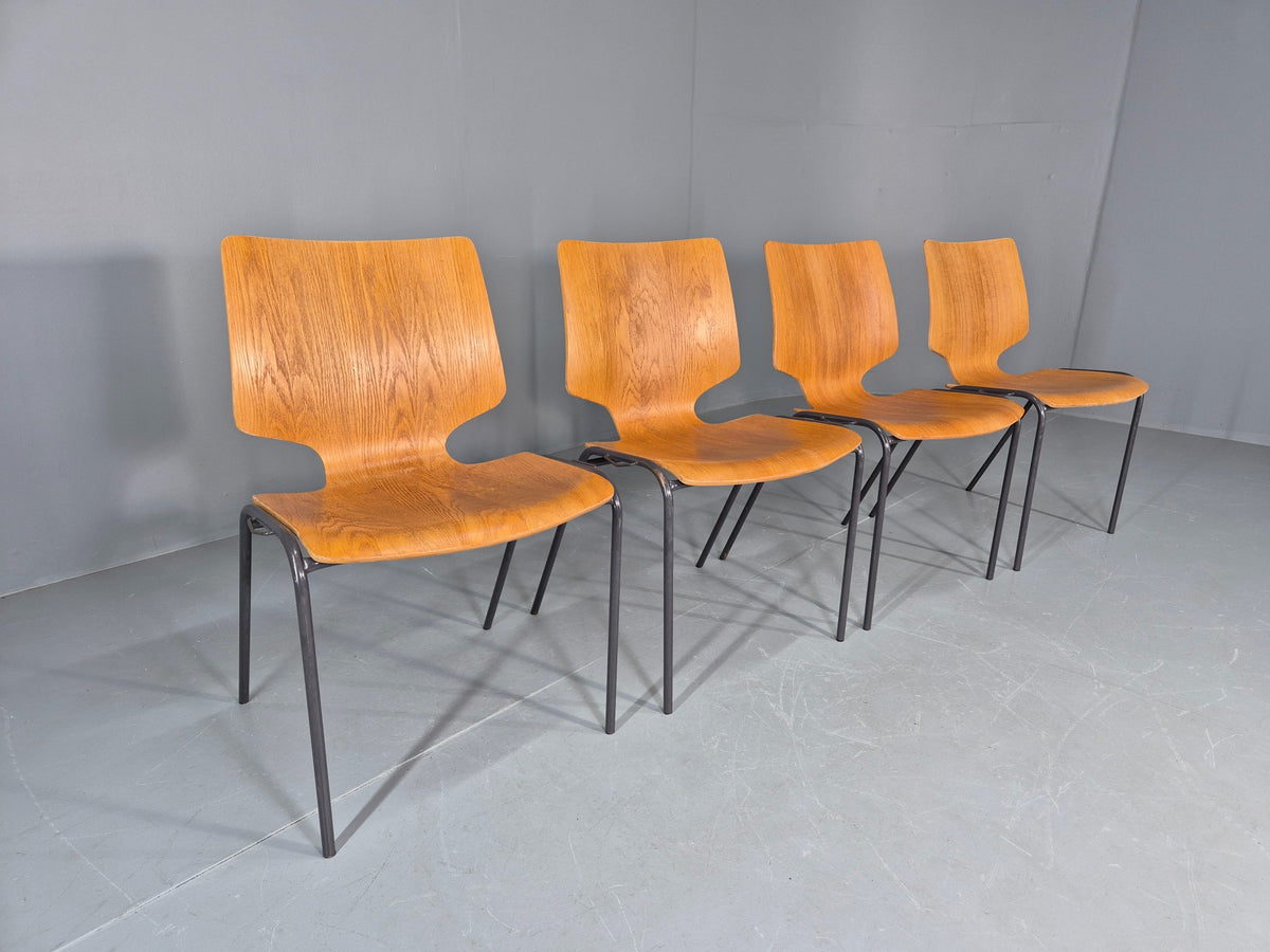 4 Vintage Stacking Chairs Industrial Danish Design Bent Ply Retro MCM EB12660