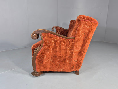 Vintage 3 Seat Sofa Danish Art Deco Era Carved Oak Frame Moquette Cloth EB12751