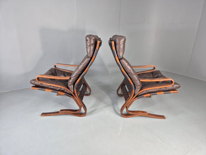 2 Vintage Skyline Leather Lounge Chairs High Back Bentwood Frame Retro EB13085