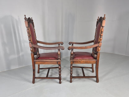 2 Antique Baroque Revival Oak Throne Chairs Late 19th Century EB12259