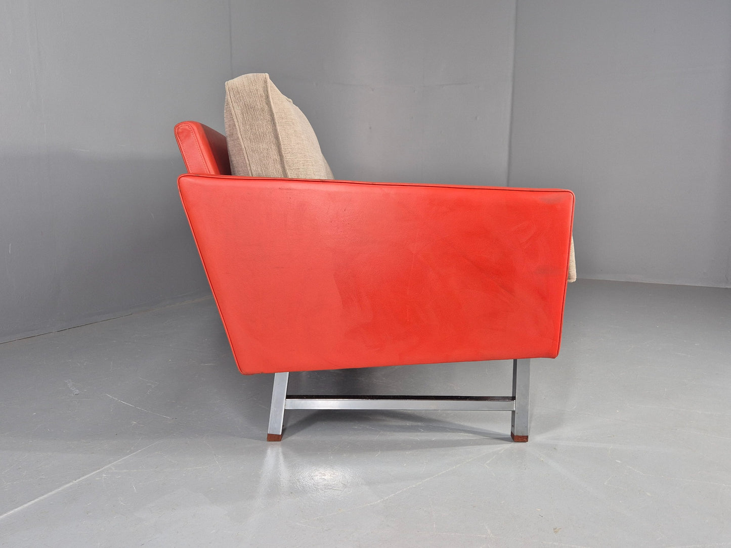 Vintage 3 Seat Sofa 1960s Swedish Red Leather New Cushions MCM Retro  EB11121