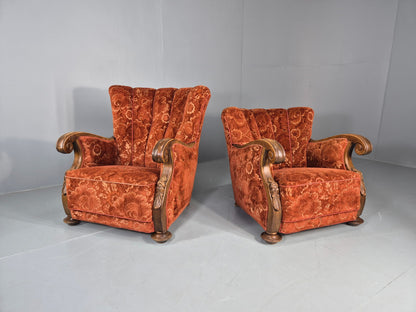 2 Vintage Danish 40s Lounge Chairs Carved Frame Cut Moquette Upholstery EB12906