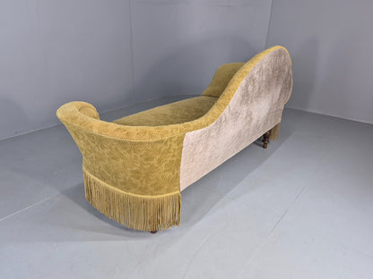 Vintage Danish Art Deco Chaise Lounge Green Moquette Tassels and Curves EB12765