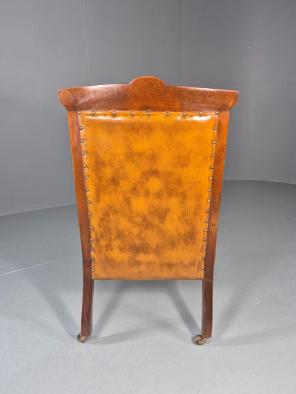 Antique Library Chair Deep Buttoned Tan Leather Oak Frame 1900s EB11657