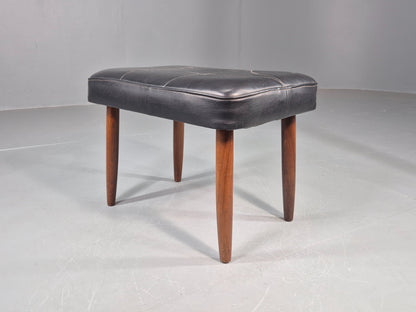 Vintage Mid Century Footstool Danish Black Vinyl Teak Legs 1960s Retro EB12012