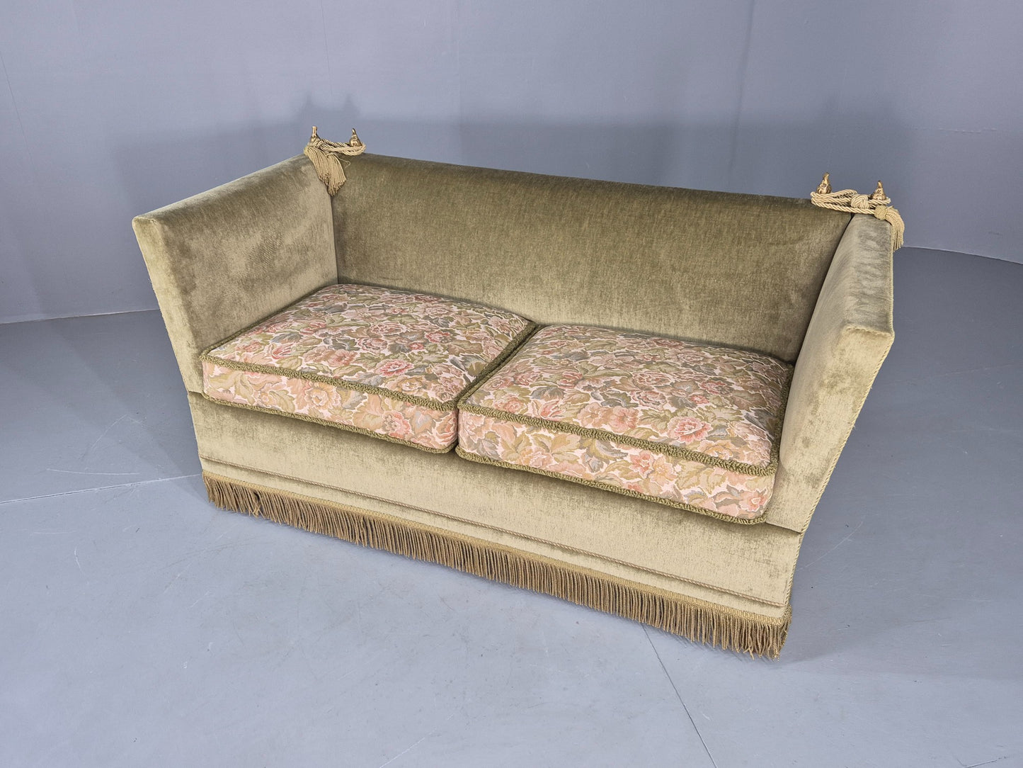Vintage Danish Knole Sofa 2 Seater Green Velour Floral Cream Cushions EB12770