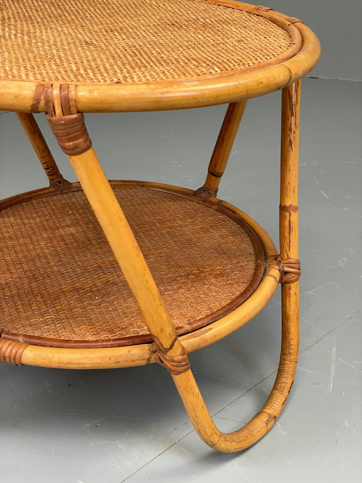 Vintage Rattan Side Table Cane Frame Mid Century Retro Round EB11881