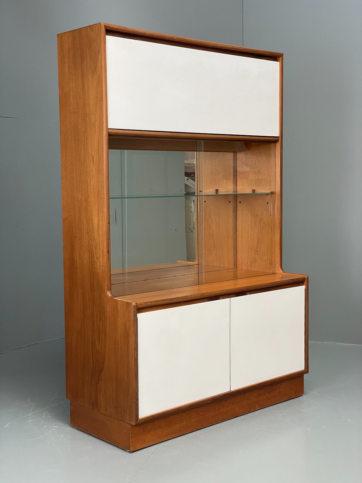 Vintage 1960s Cocktail Cabinet Teak White Formica Glazed Shelving EB12081