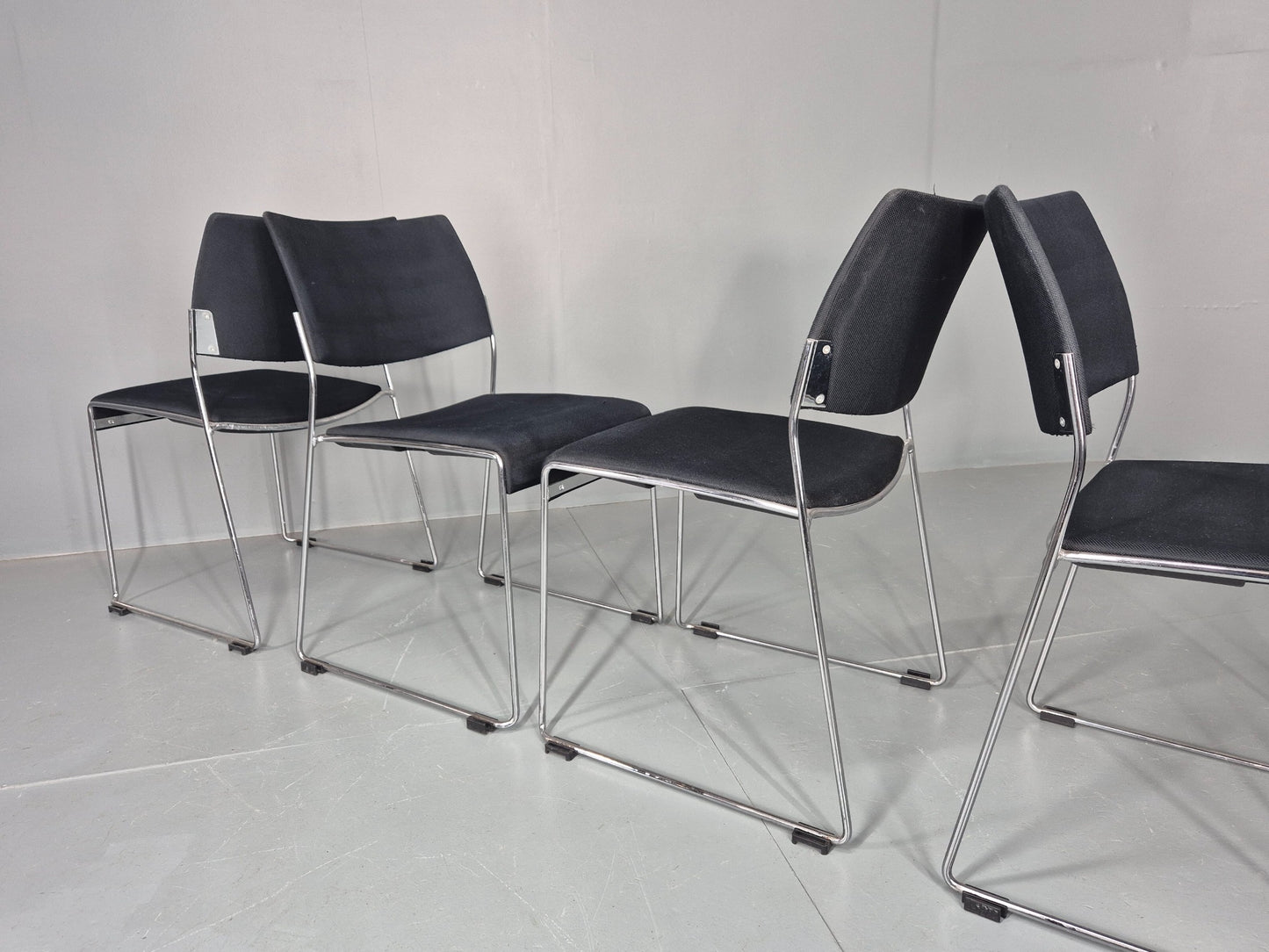 5 Vintage Stacking Chairs Chrome Rod and Black Cloth Brunner Brand EB12003