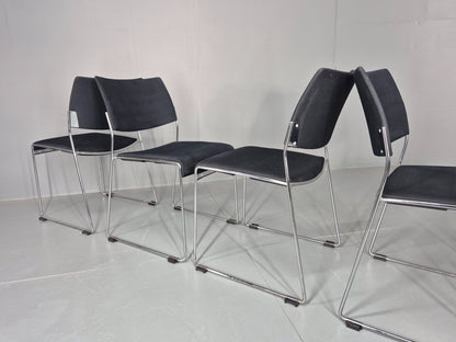 5 Vintage Stacking Chairs Chrome Rod and Black Cloth Brunner Brand EB12003