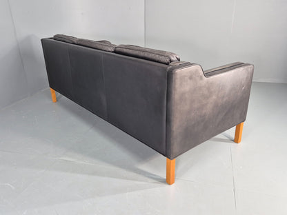 Vintage Stouby 3 Seat Sofa Black Leather 1980s Retro MCM Mogensen Style EB12427