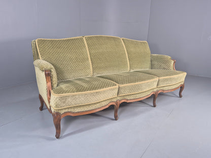 Vintage 3 Seater Sofa  Danish Rococo Style Carved Wood Green Velour  EB12705