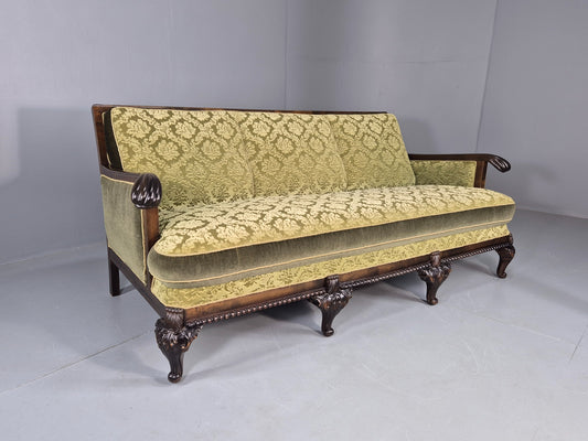 Antique 3 Seater Sofa 1920s Danish Carved Frame Green Moquette  EB12005