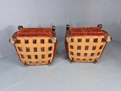 2 Vintage Danish 40s Lounge Chairs Carved Frame Cut Moquette Upholstery EB12906