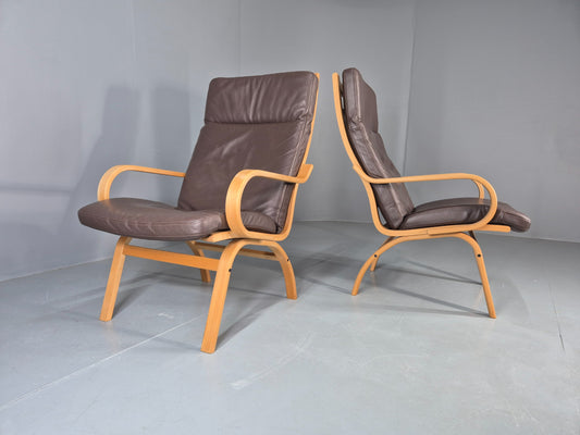 2 Vintage Danish Leather Lounge Chairs Bent Wood Frames 1980s Retro EB13073
