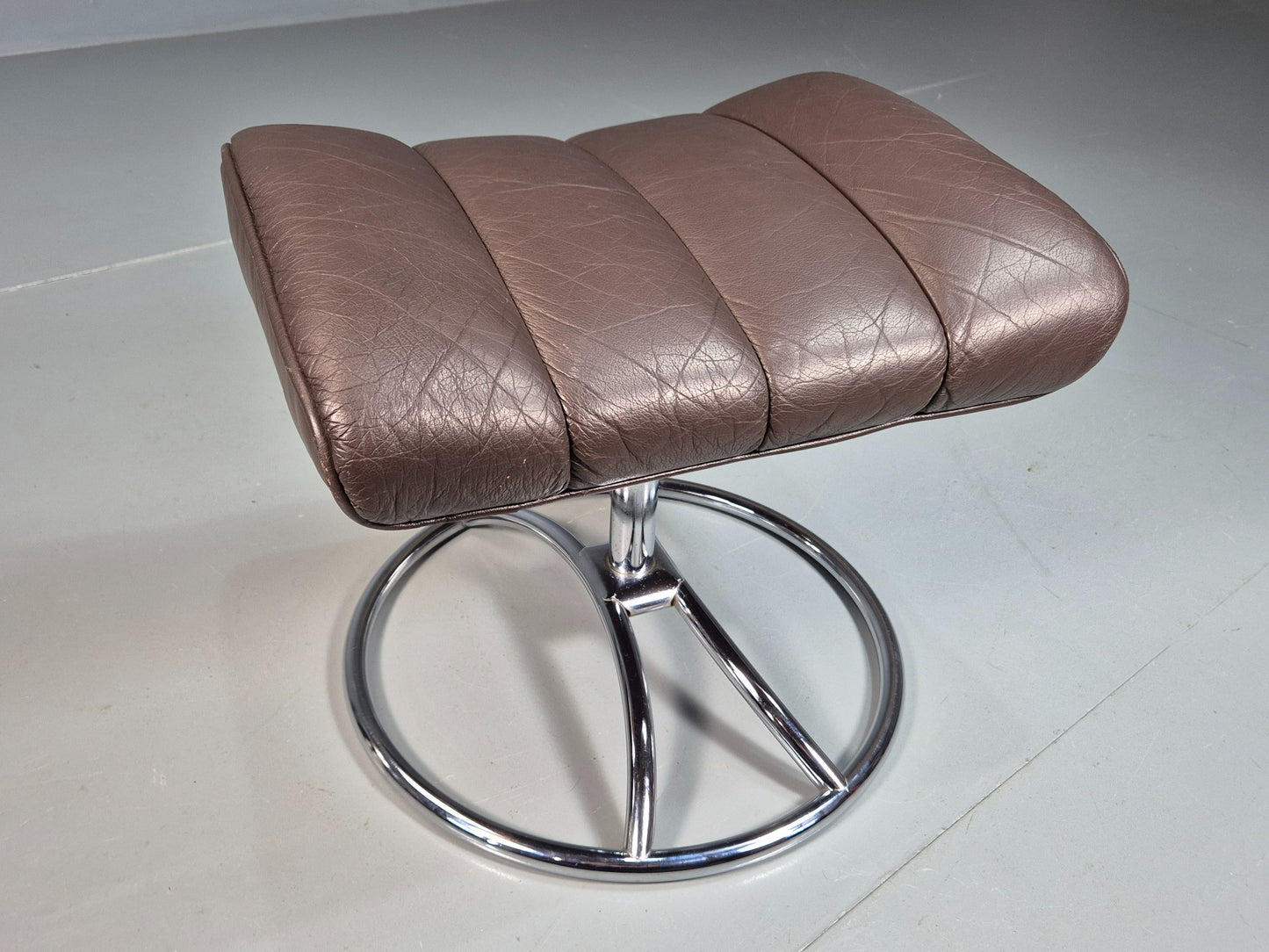 Vintage Mid Century Footstool Stressless 1970s Brown Leather Chrome EB07922
