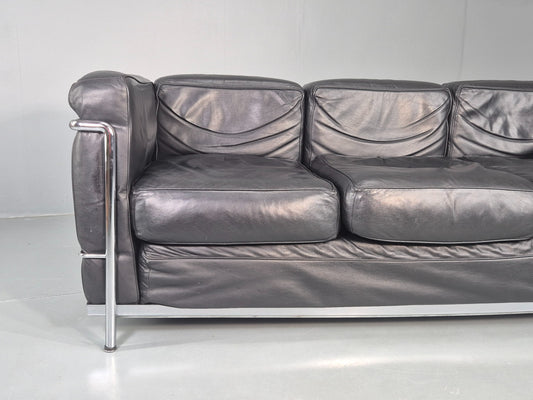 Vintage Corbusier 3 Seater Sofa Black Leather and Chrome LC-3 Retro 1980 EB12569