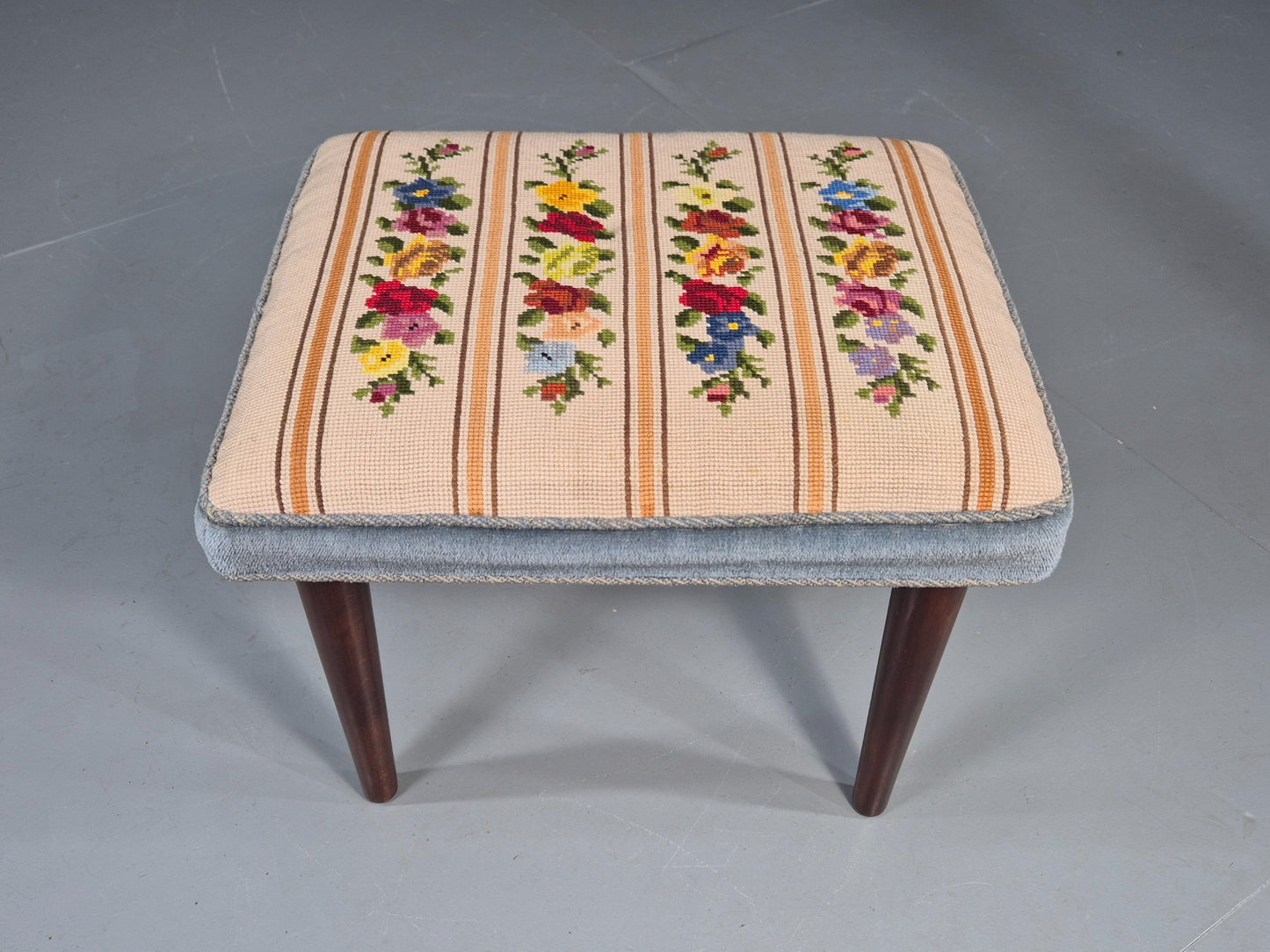 Vintage Danish Midcentury Footstool with Tapestry Floral Top 1960s EB12029
