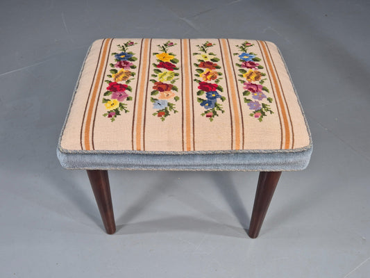Vintage Danish Midcentury Footstool with Tapestry Floral Top 1960s EB12029