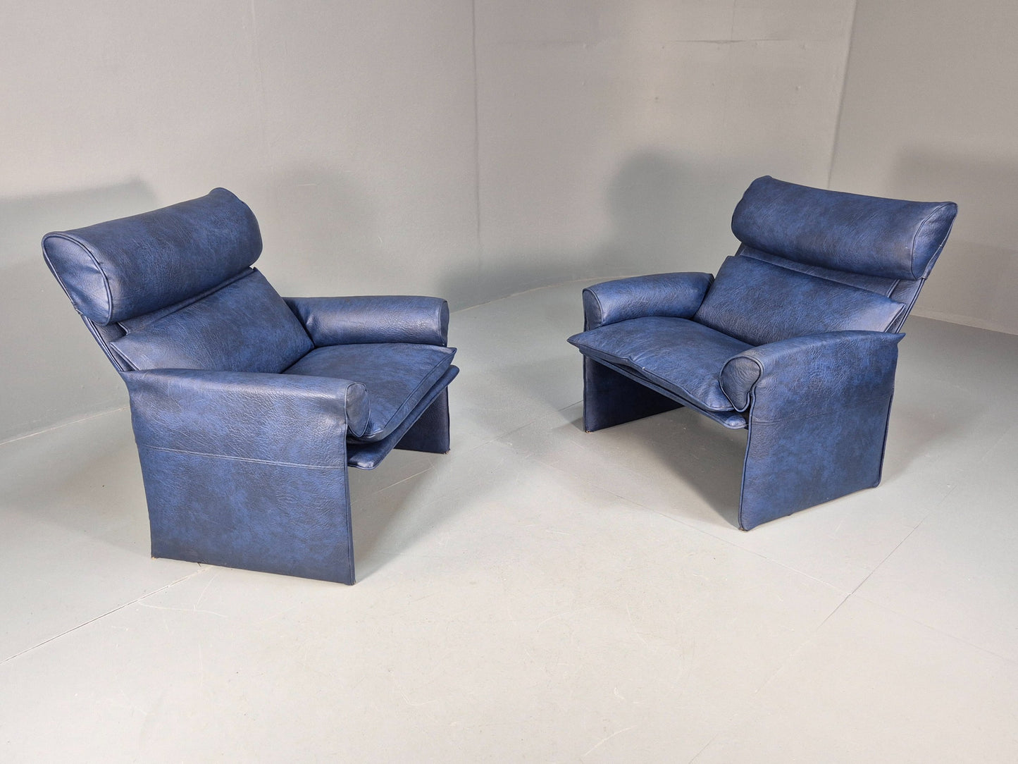 Vintage Saporiti Italian Lounge Chairs Pair Blue Vinyl Retro EB9844