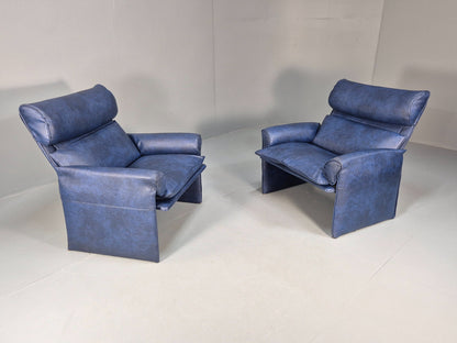 Vintage Saporiti Italian Lounge Chairs Pair Blue Vinyl Retro EB9844
