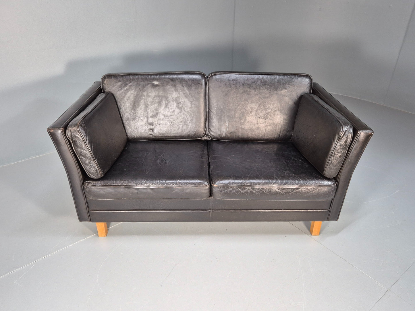 Vintage 2 seater sofa Danish Mid Century Black Leather Retro 1970s EB09407